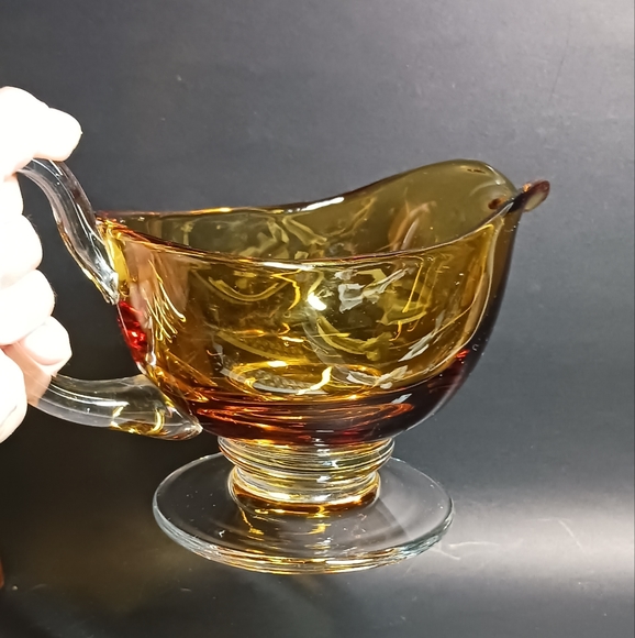 Large Williams Sonoma Amber Citrine and Clear Glass Footed Gravy Sauce Boat - Picture 5 of 5